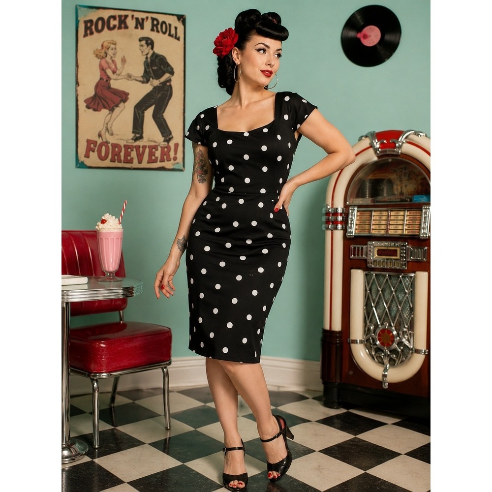 Alex Marie Y2K Black White Polka Dot Square Neck Cap Sleeve Sheath Dress Size 14